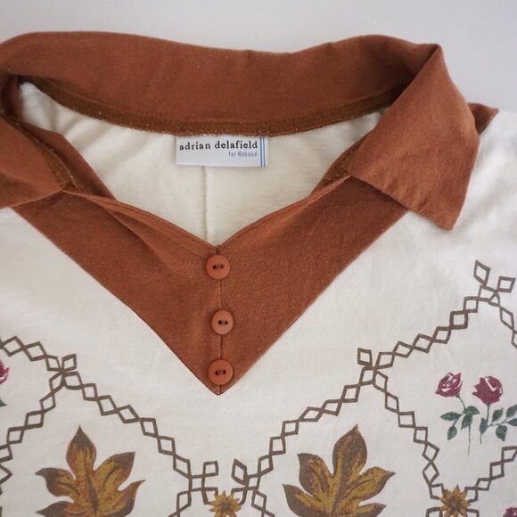Adrian Delafield Cream Floral Leaf Print Pullover Polo Collar Sweatshirt L - Picture 10 of 10